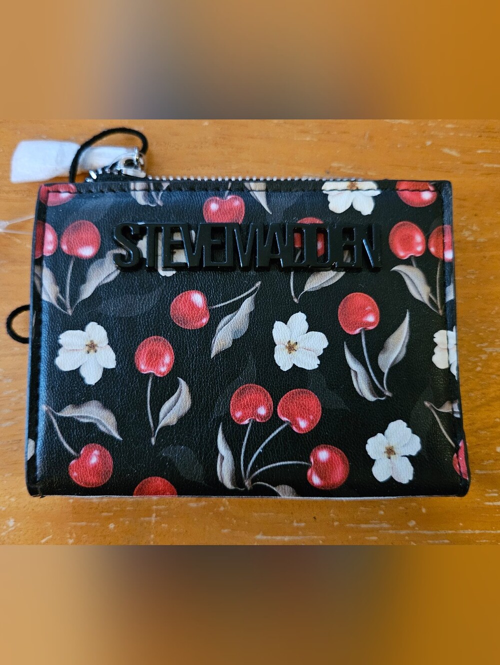 Steve Madden Black Cherry Floral Zip Card Wallet